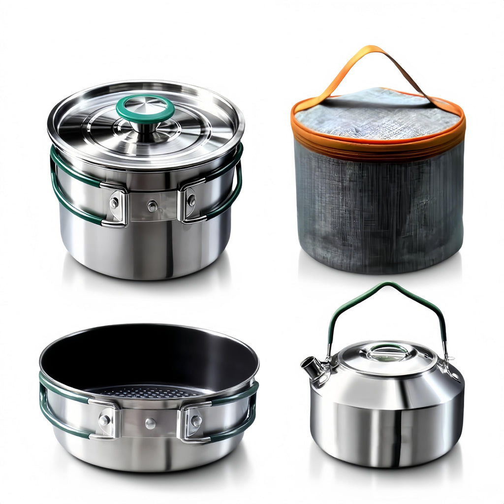 Stainless Steel Camping Cookware Set with Frying Pan Saucepan and Kettle Foldable Handles