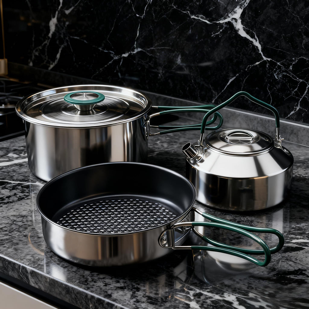 Stainless Steel Camping Cookware Set with Frying Pan Saucepan and Kettle Foldable Handles