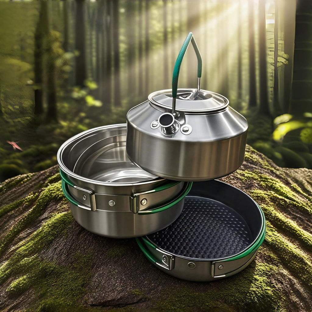 Stainless Steel Camping Cookware Set with Frying Pan Saucepan and Kettle Foldable Handles