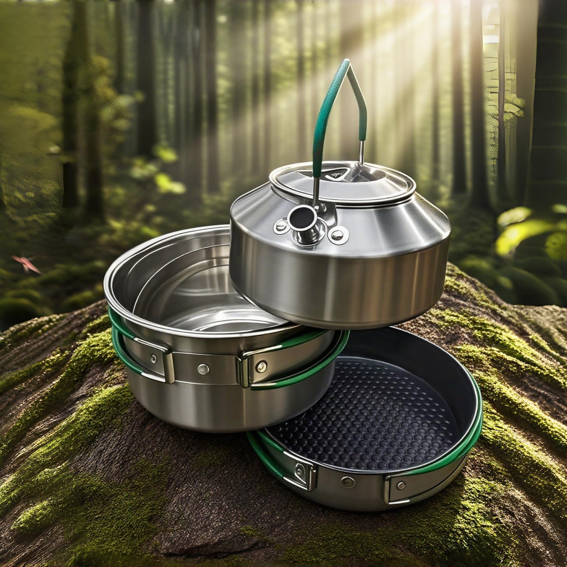 Stainless Steel Camping Cookware Set with Frying Pan Saucepan and Kettle Foldable Handles