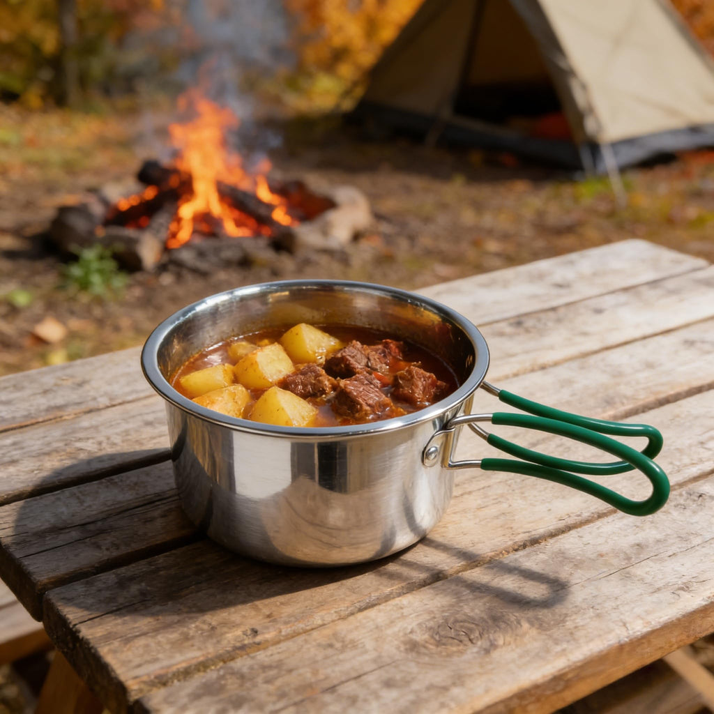 Stainless Steel Camping Cookware Set with Frying Pan Saucepan and Kettle Foldable Handles
