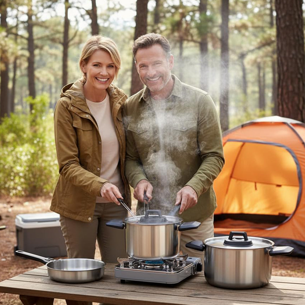 6 Piece Stainless Steel Nesting Camping Cookware Set with Detachable Handle Frying Pan