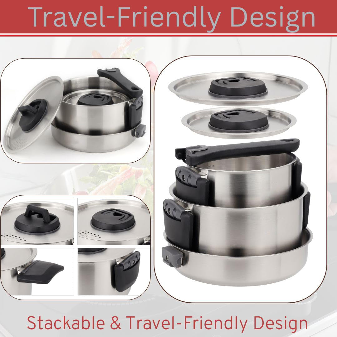 6 Piece Stainless Steel Nesting Camping Cookware Set with Detachable Handle Frying Pan