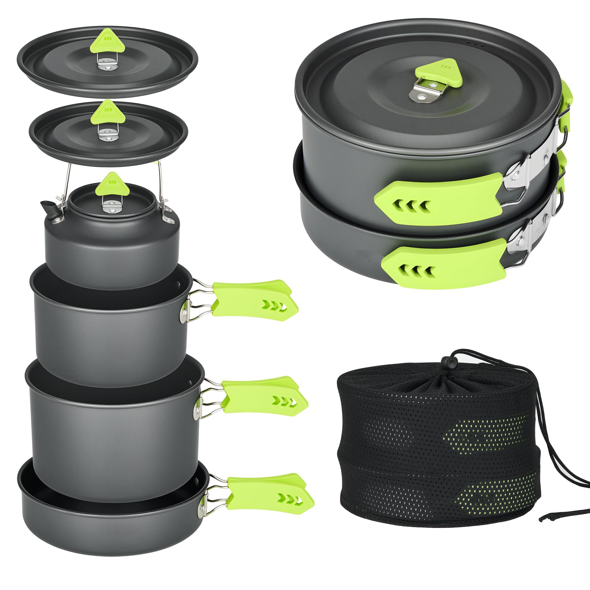 Camping Cookware Set Lightweight Aluminum Pots and Pans with Kettle