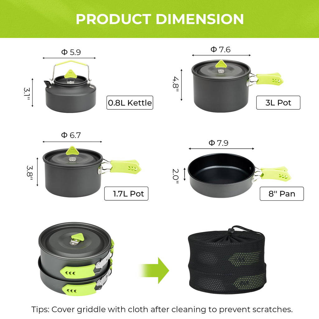 4 Piece Lightweight Aluminum Camping Cookware Set with Kettle for 2 to 4 People