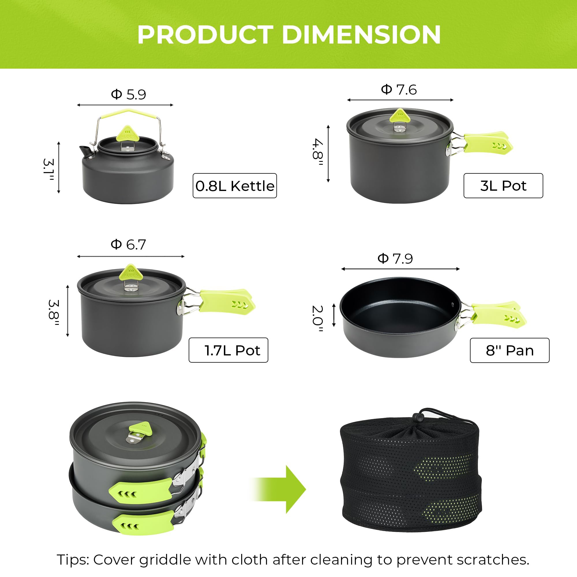 Camping Cookware Set Lightweight Aluminum Pots and Pans with Kettle