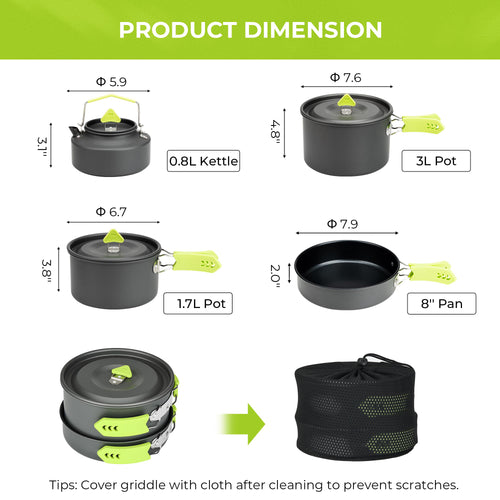 Camping Cookware Set Lightweight Aluminum Pots and Pans with Kettle