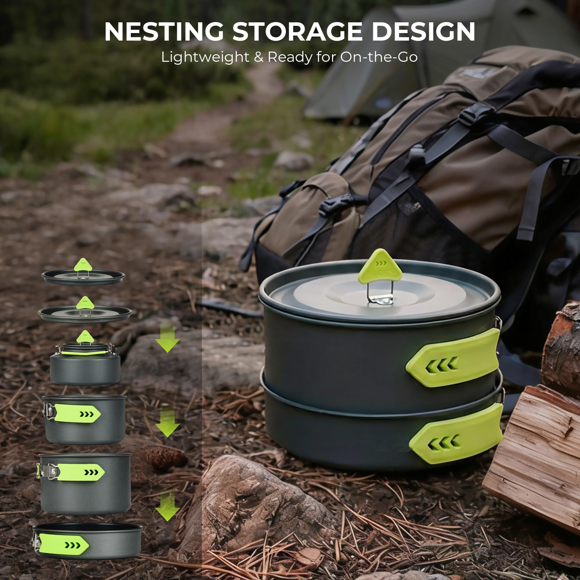 4 Piece Lightweight Aluminum Camping Cookware Set with Kettle for 2 to 4 People