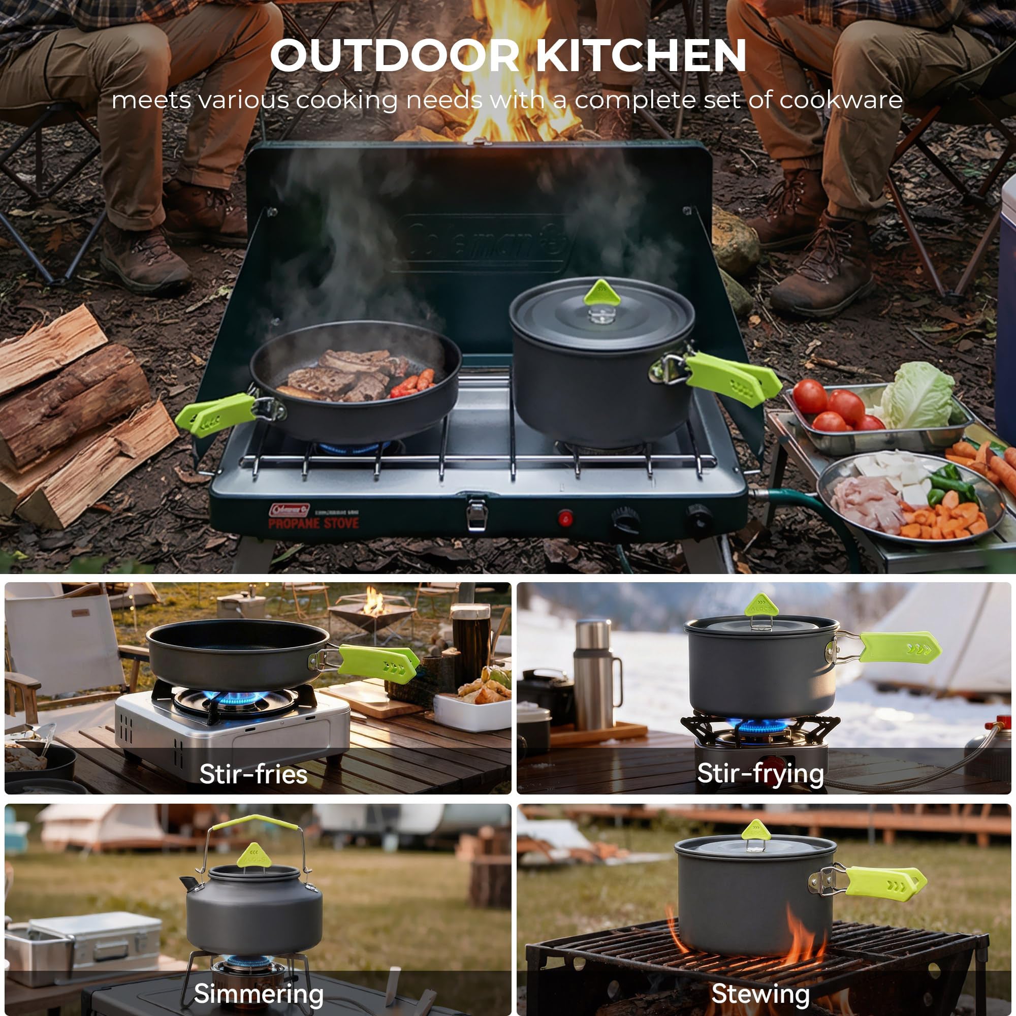 4 Piece Lightweight Aluminum Camping Cookware Set with Kettle for 2 to 4 People