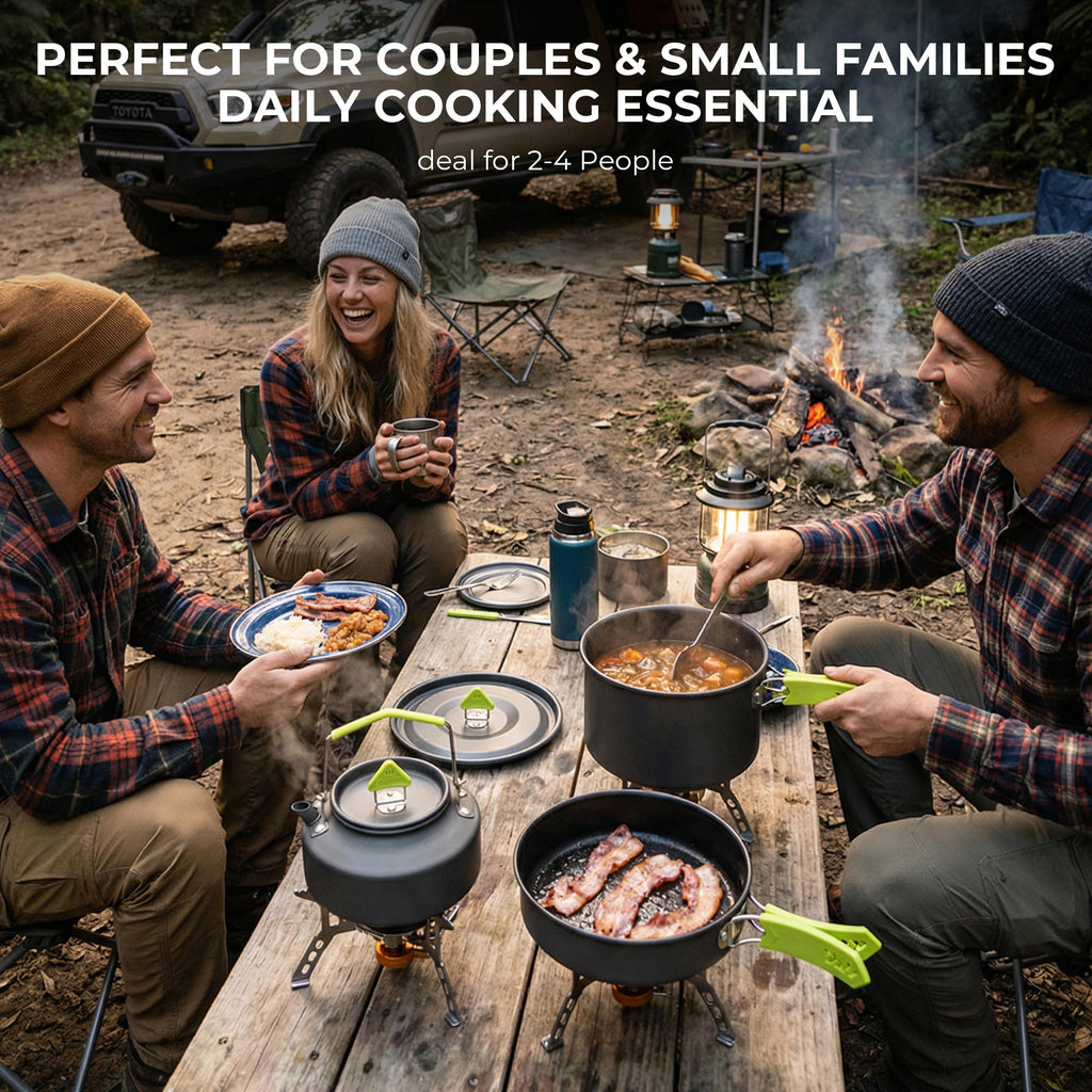 4 Piece Lightweight Aluminum Camping Cookware Set with Kettle for 2 to 4 People