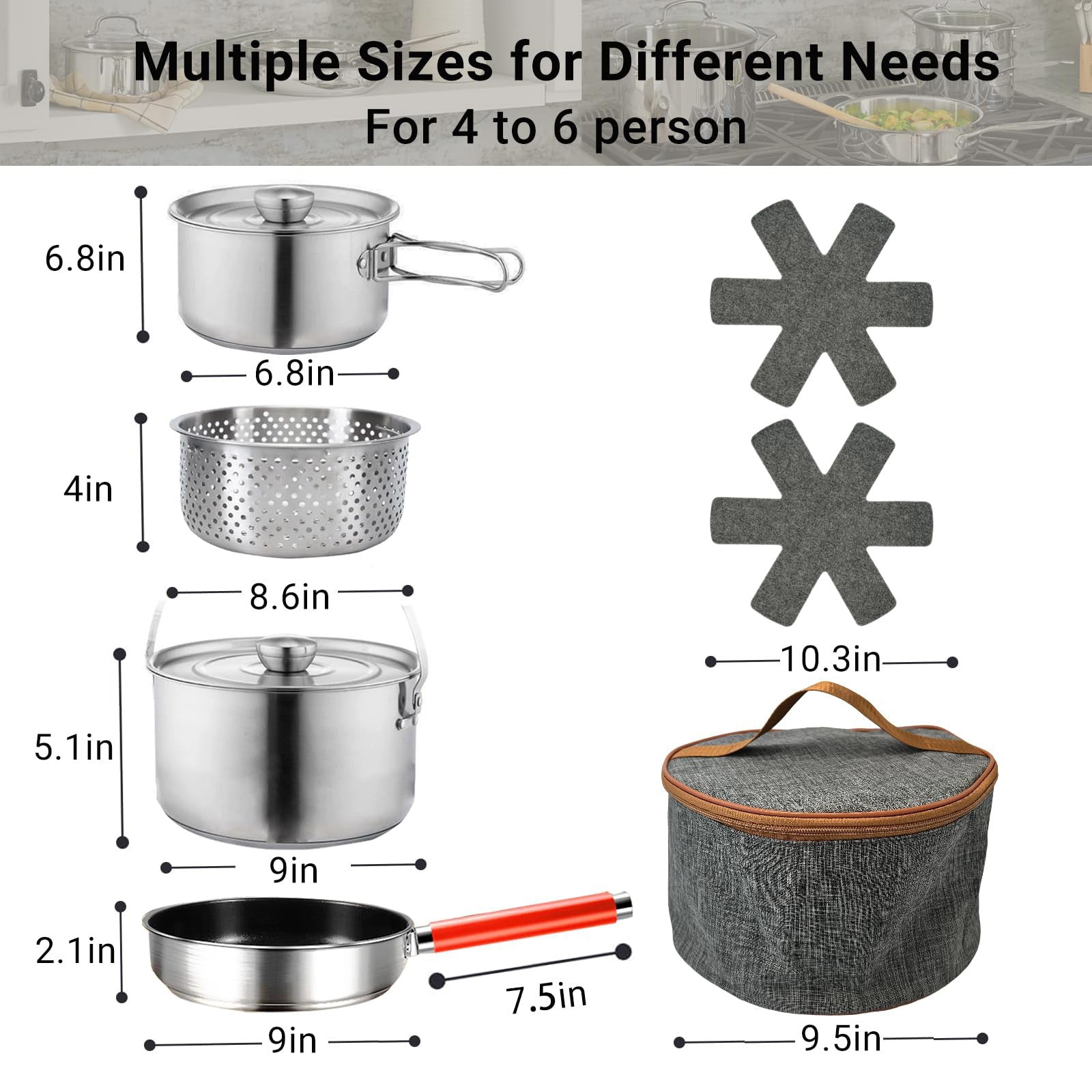 304 Stainless Steel Camping Cookware Set 5 Piece Pots and Pan with Colander Travel Bag for 4 6 People