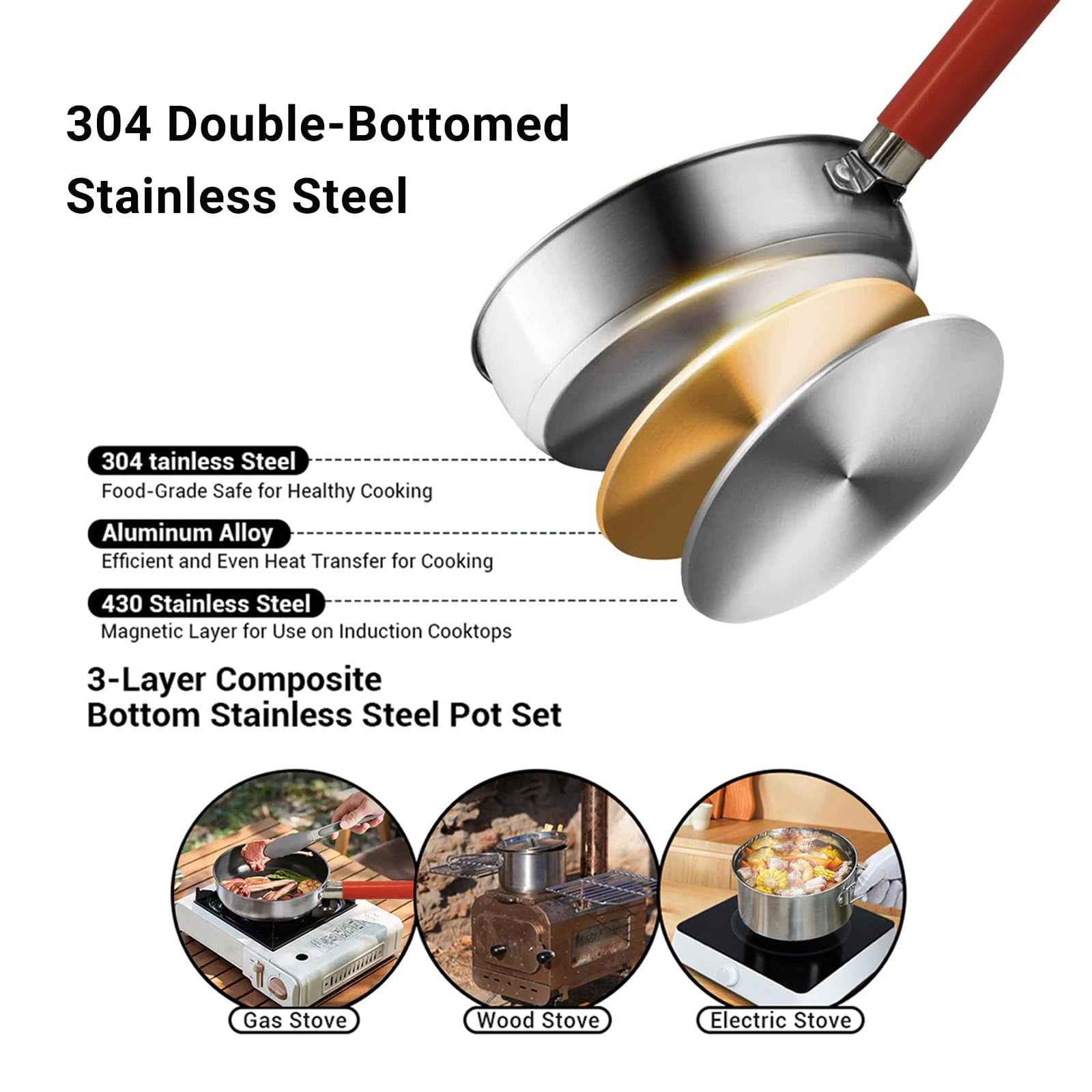 304 Stainless Steel Camping Cookware Set 5 Piece Pots and Pan with Colander Travel Bag for 4 6 People