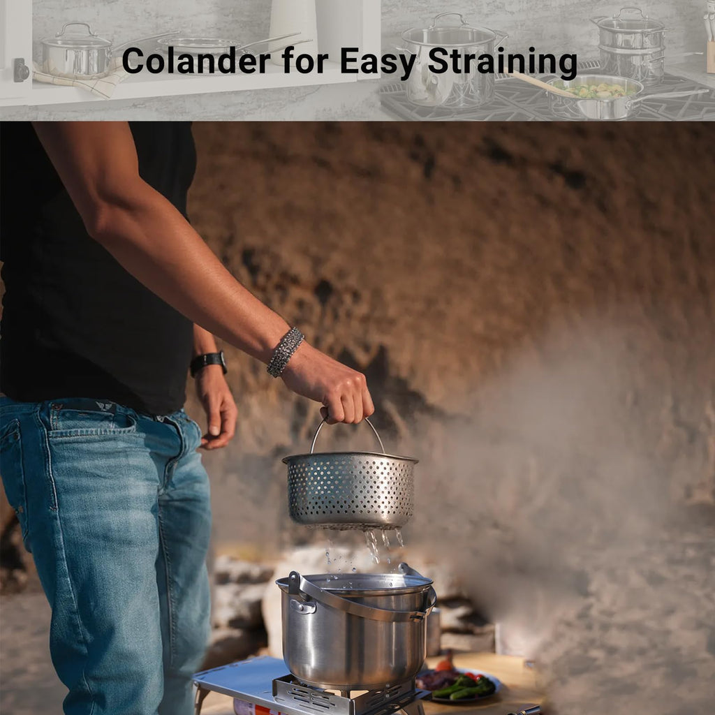 5 Piece Stainless Steel Camping Cookware Set with Colander and Travel Bag for 4 to 6 People