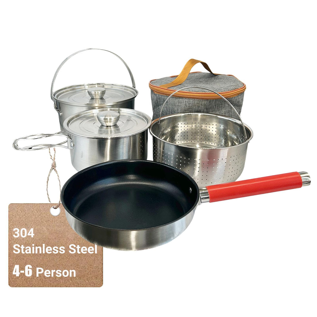 5 Piece Stainless Steel Camping Cookware Set with Colander and Travel Bag for 4 to 6 People