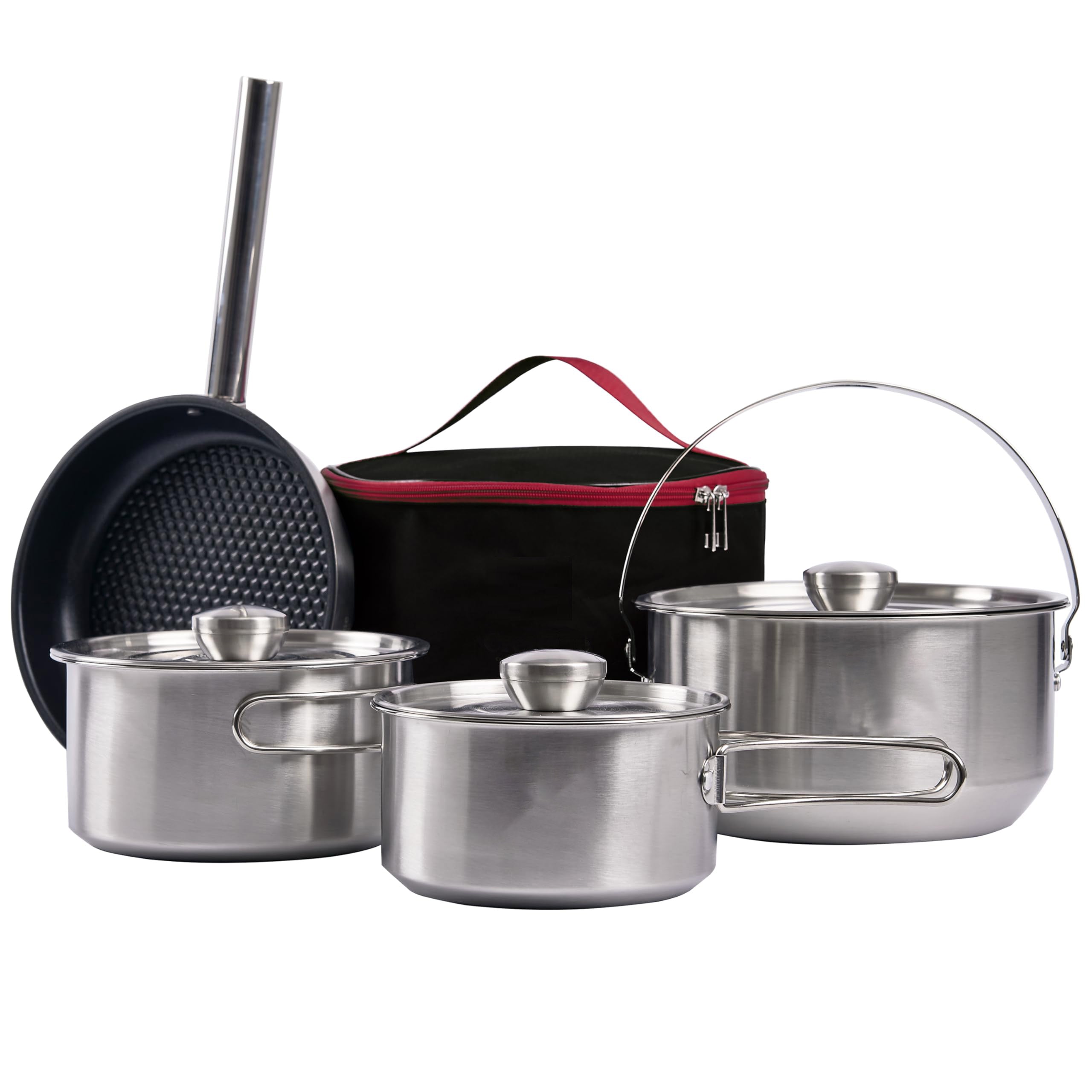 Camping Cookware Set Stainless Steel 5 Piece Pots and Pan with Carry Bag for 4 8 People Campfire