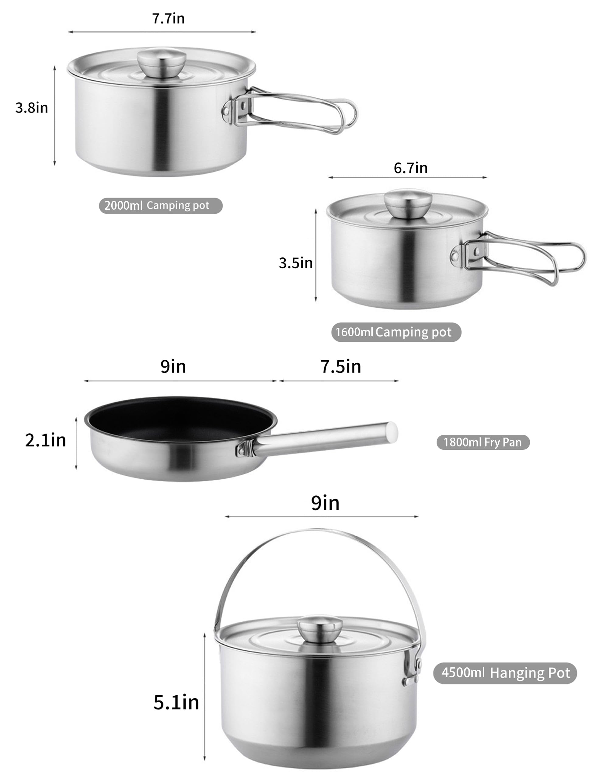 5 Piece Stainless Steel Camping Cookware Set with Skillet and Carry Bag for 4 to 8 People