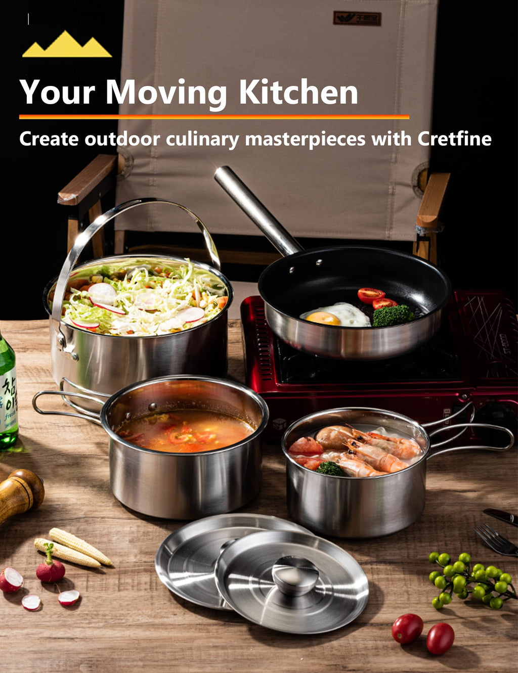 5 Piece Stainless Steel Camping Cookware Set with Skillet and Carry Bag for 4 to 8 People