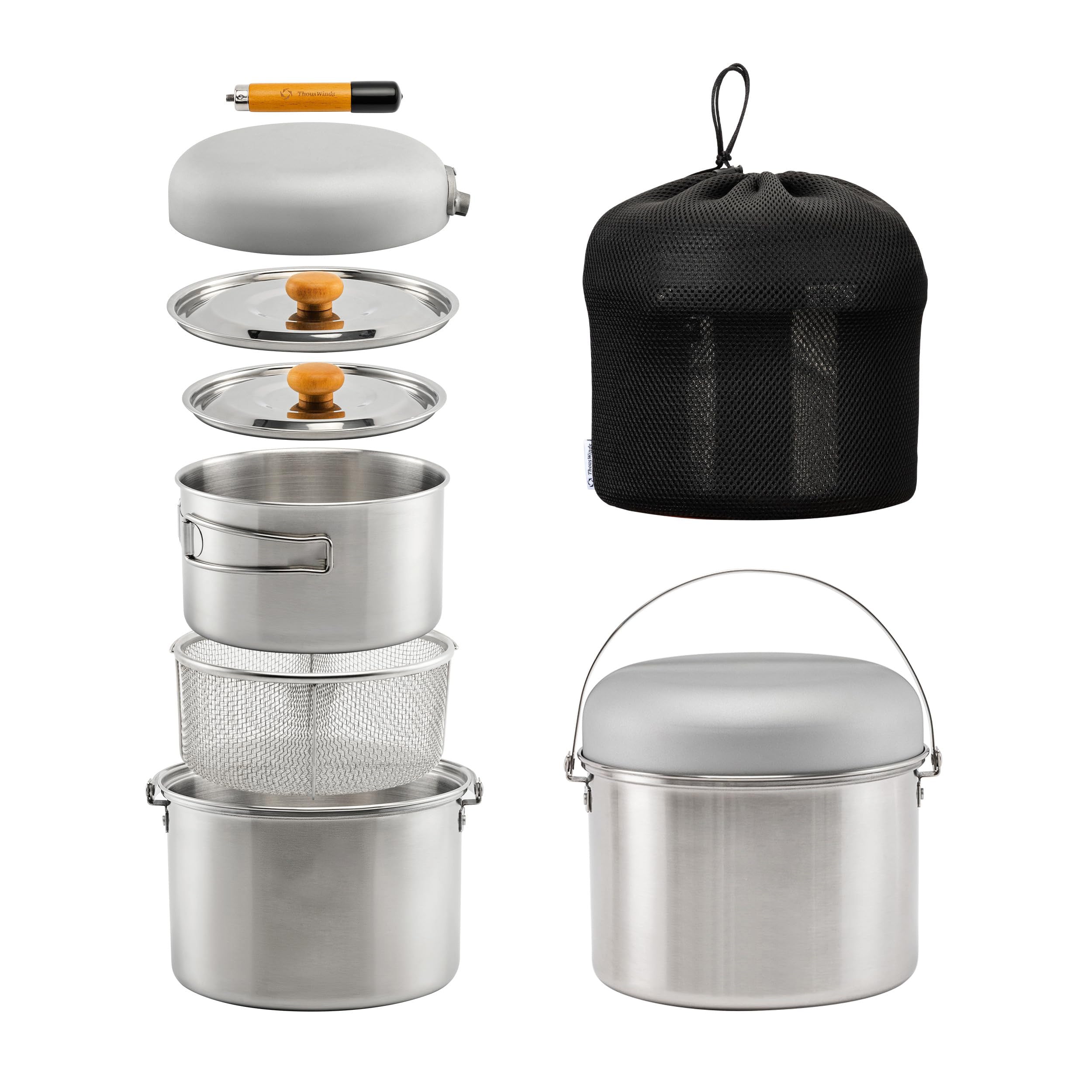 304 Stainless Steel Camping Cookware Set 5 Piece Pots Pan with Storage Bag for Campfire Picnic