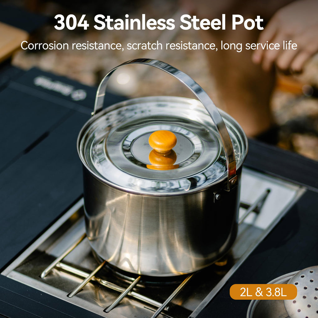 5 Piece Stainless Steel Camping Cookware Set with Frying Pan and Storage Bag for 3 to 5 People