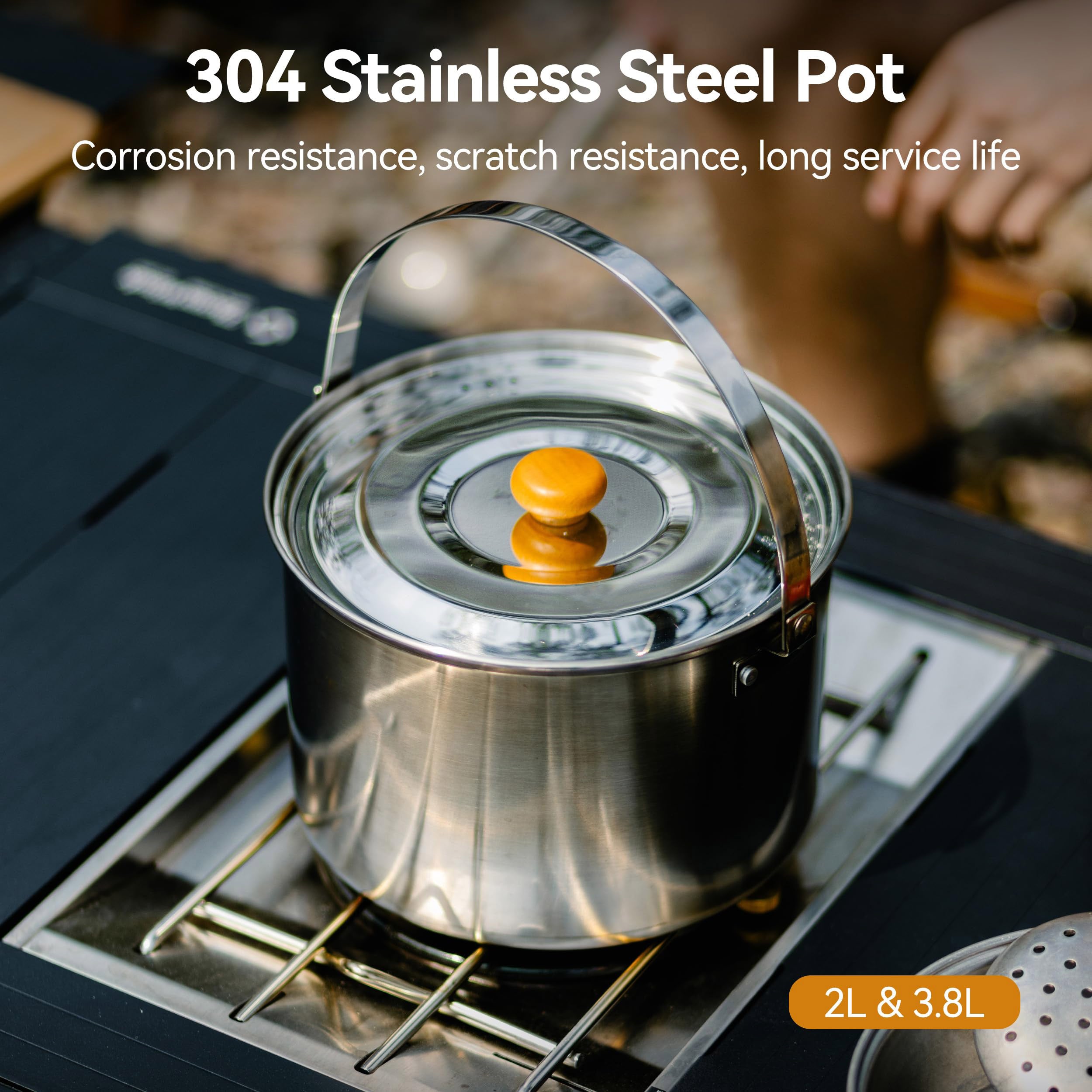 304 Stainless Steel Camping Cookware Set 5 Piece Pots Pan with Storage Bag for Campfire Picnic