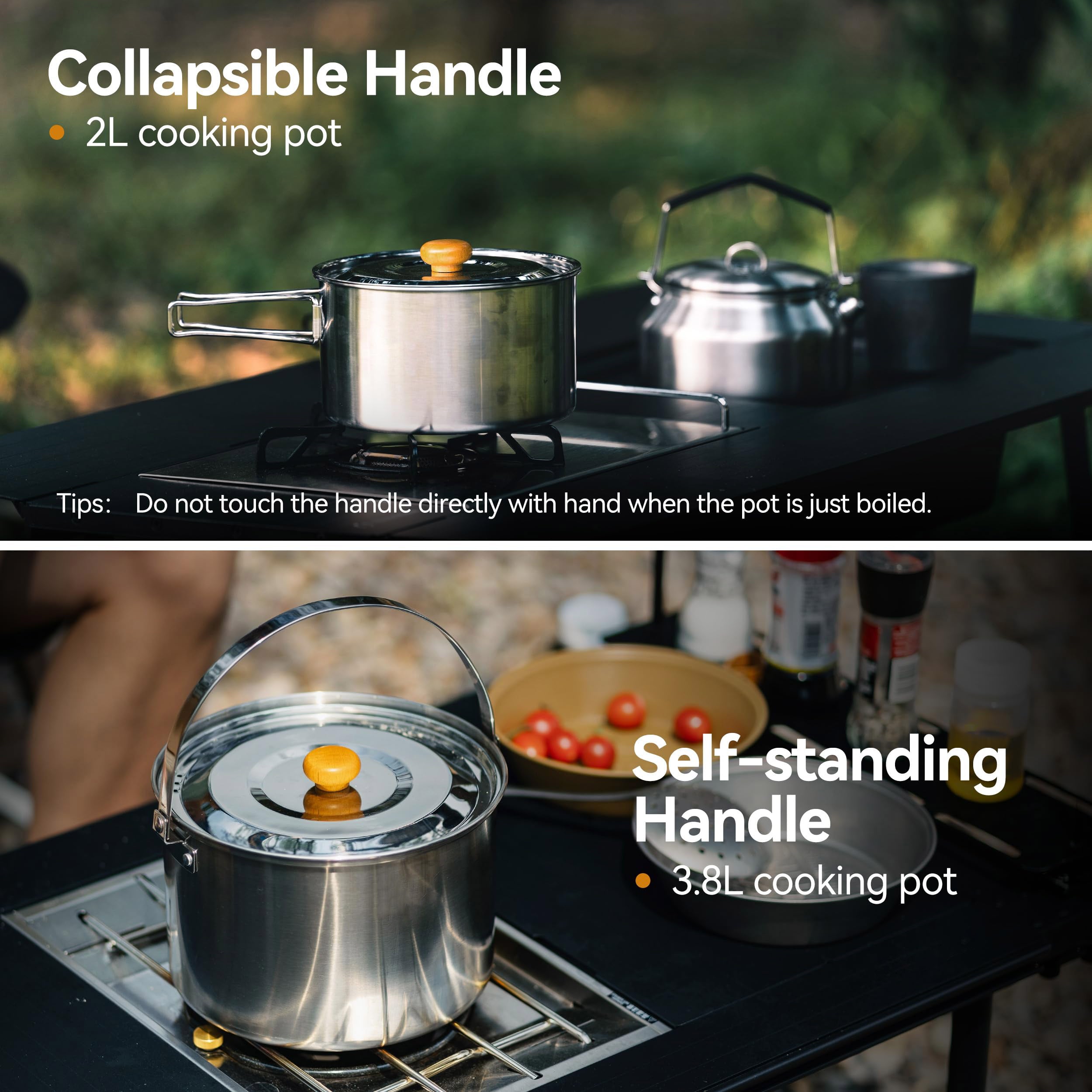 304 Stainless Steel Camping Cookware Set 5 Piece Pots Pan with Storage Bag for Campfire Picnic