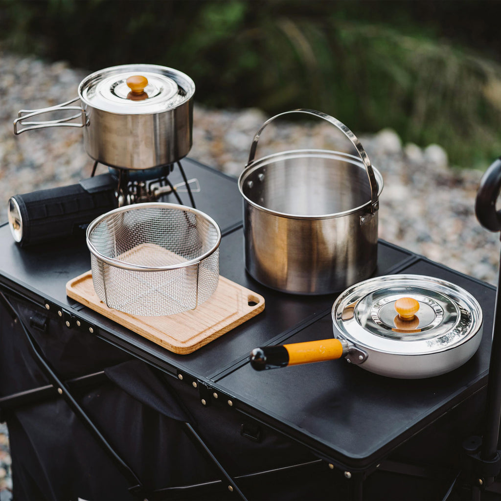 5 Piece Stainless Steel Camping Cookware Set with Frying Pan and Storage Bag for 3 to 5 People