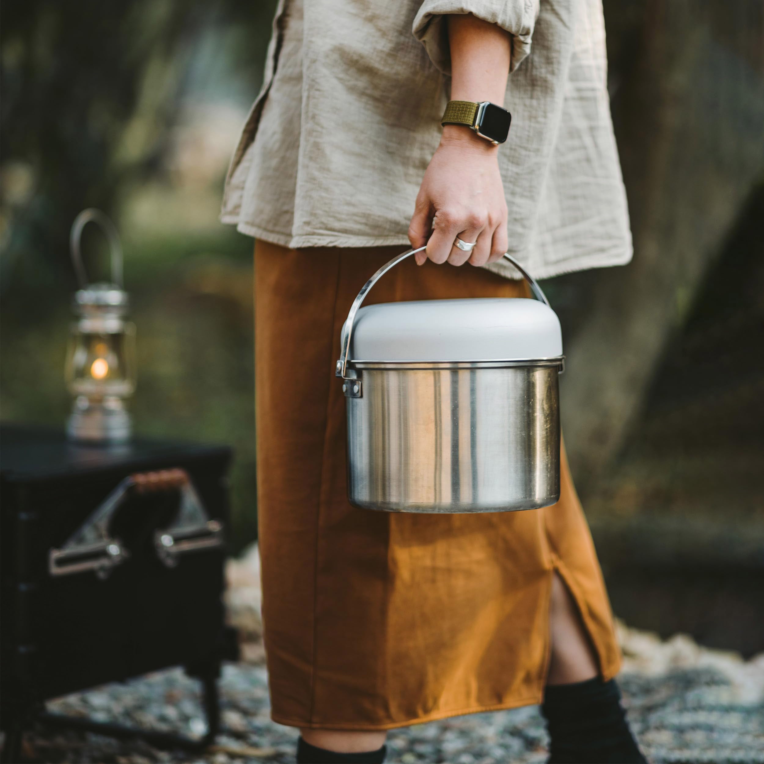 5 Piece Stainless Steel Camping Cookware Set with Frying Pan and Storage Bag for 3 to 5 People