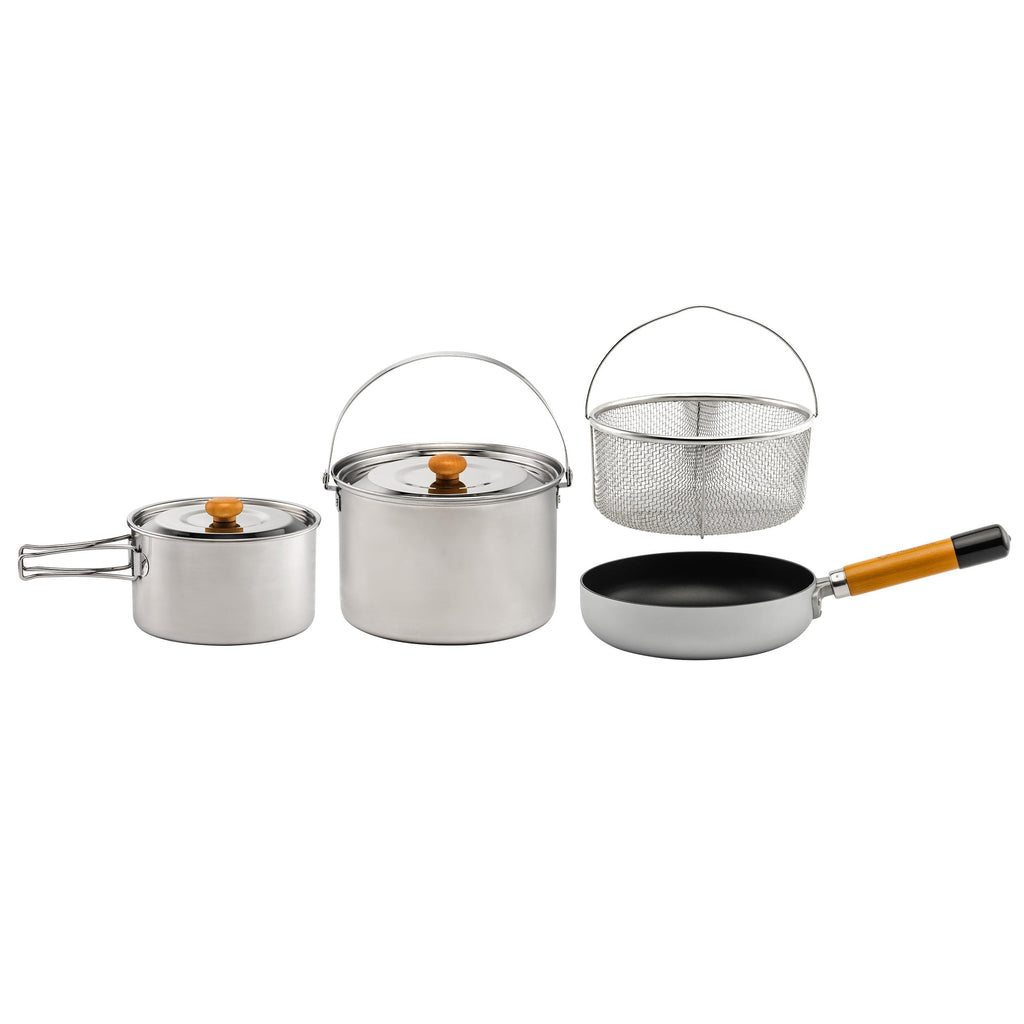 5 Piece Stainless Steel Camping Cookware Set with Frying Pan and Storage Bag for 3 to 5 People